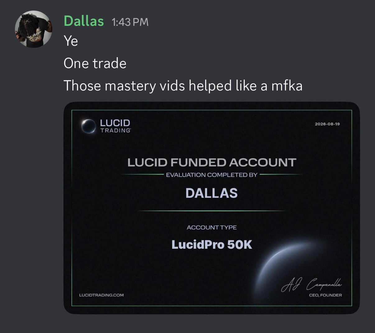 Payout proof from Dallas